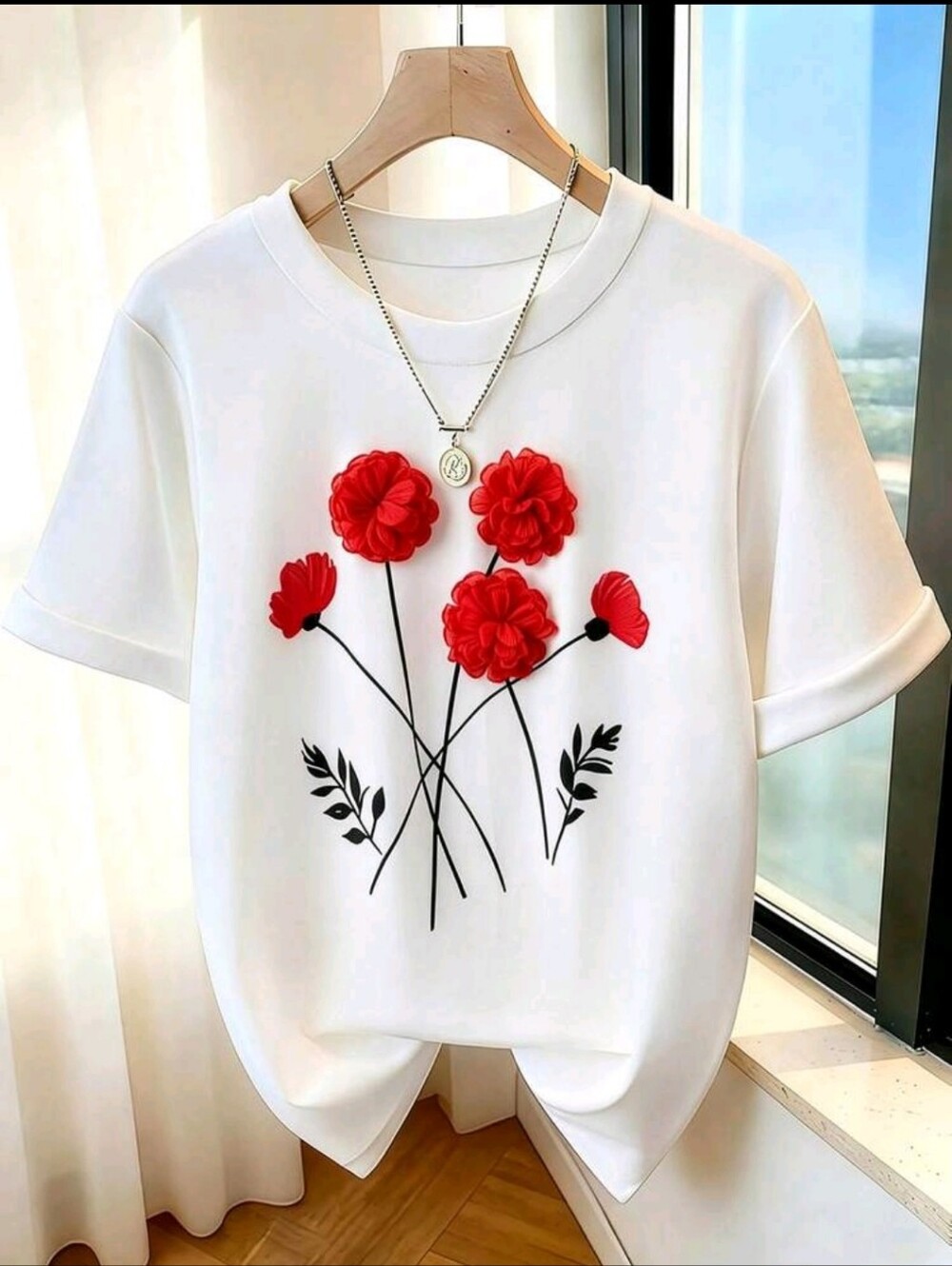 BRAND NEW ** White Floral Graphic Tee with Red Appliqué Flowers